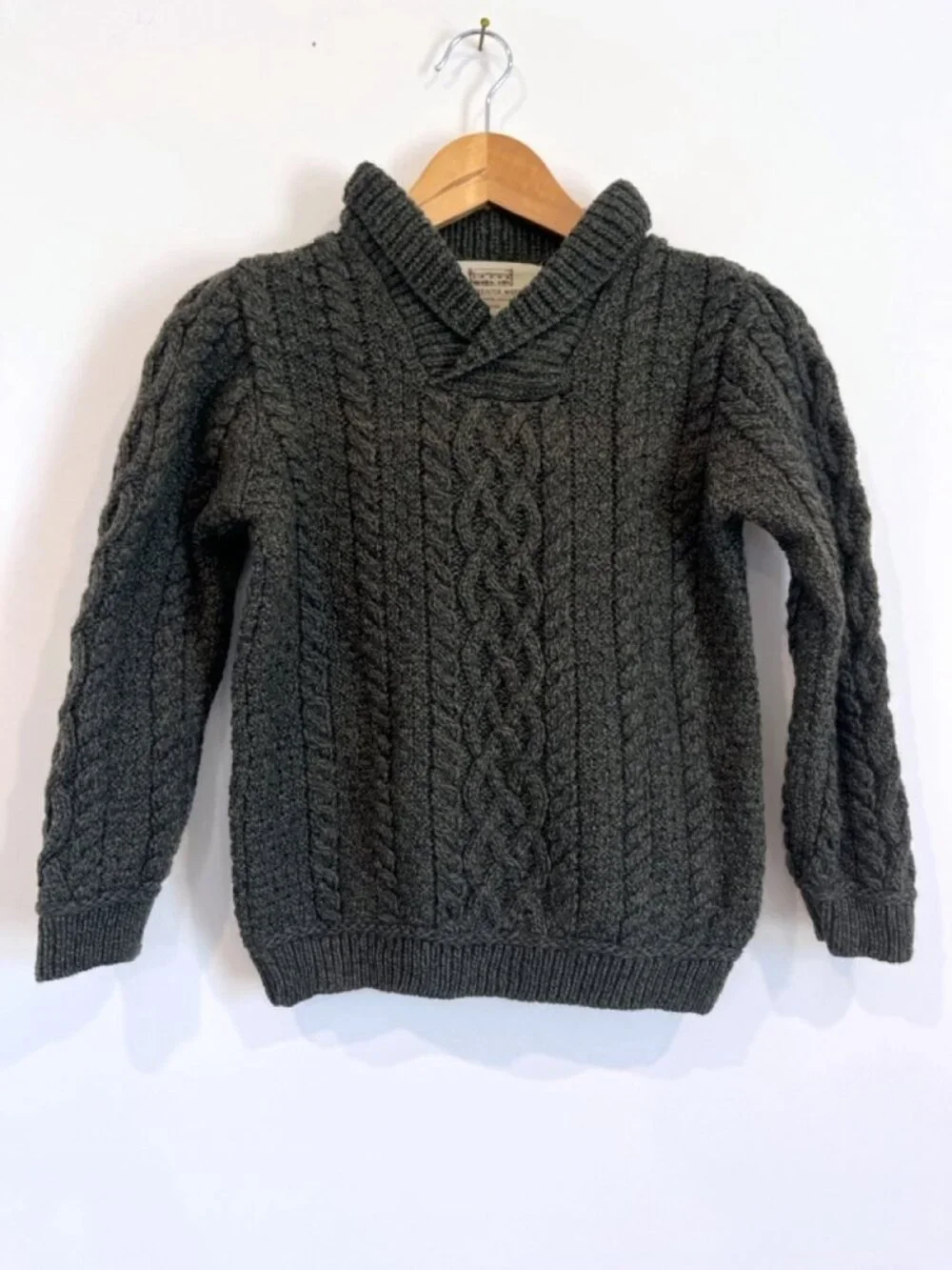 Aran Sweater Market Kids dark green Merino Irish Cable Sweater 8/11